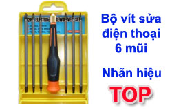 Bộ vít sửa điện thoại 6 mũi - TOP
Gồm các mũi vít sau:

    3 đầu vít dẹp: 2.0, 3.0, 4.0mm
    3 đầu vít pake: PH00, PH0, PH2mm
    6 đầu vít lục giác hình bông mai, có lỗ: T5, T6, T8, T10, T15, T20